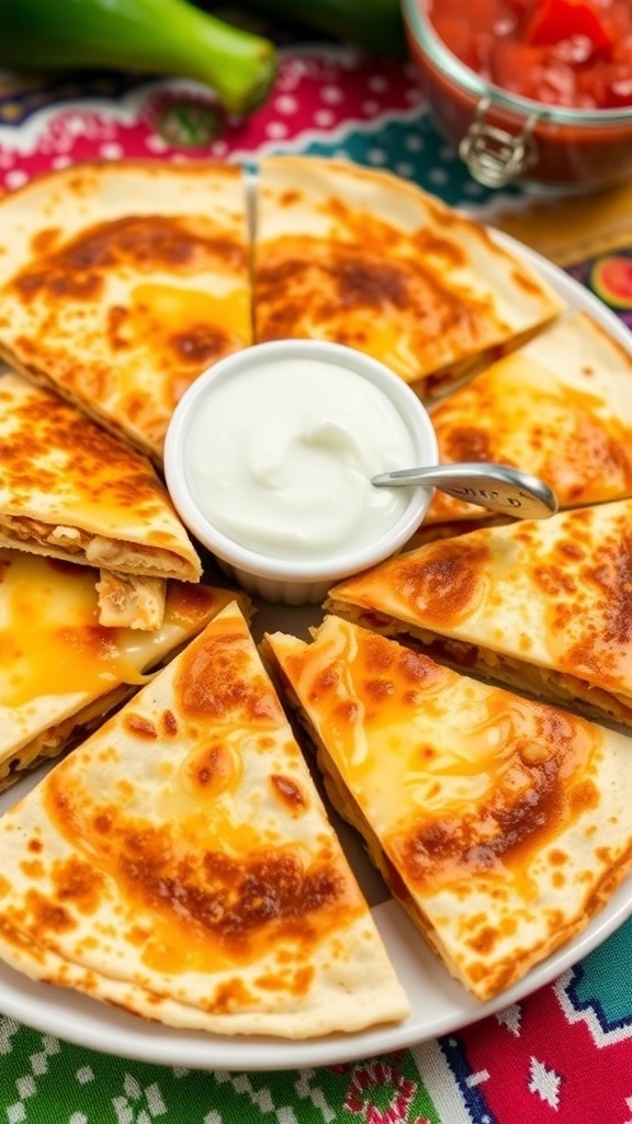 Cheesy chicken quesadillas on a plate with sour cream and salsa.